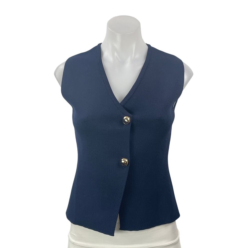 Zara Women's Blue Sleeveless Ribbed Knit V Neck Button Down Vest Blouse Top S